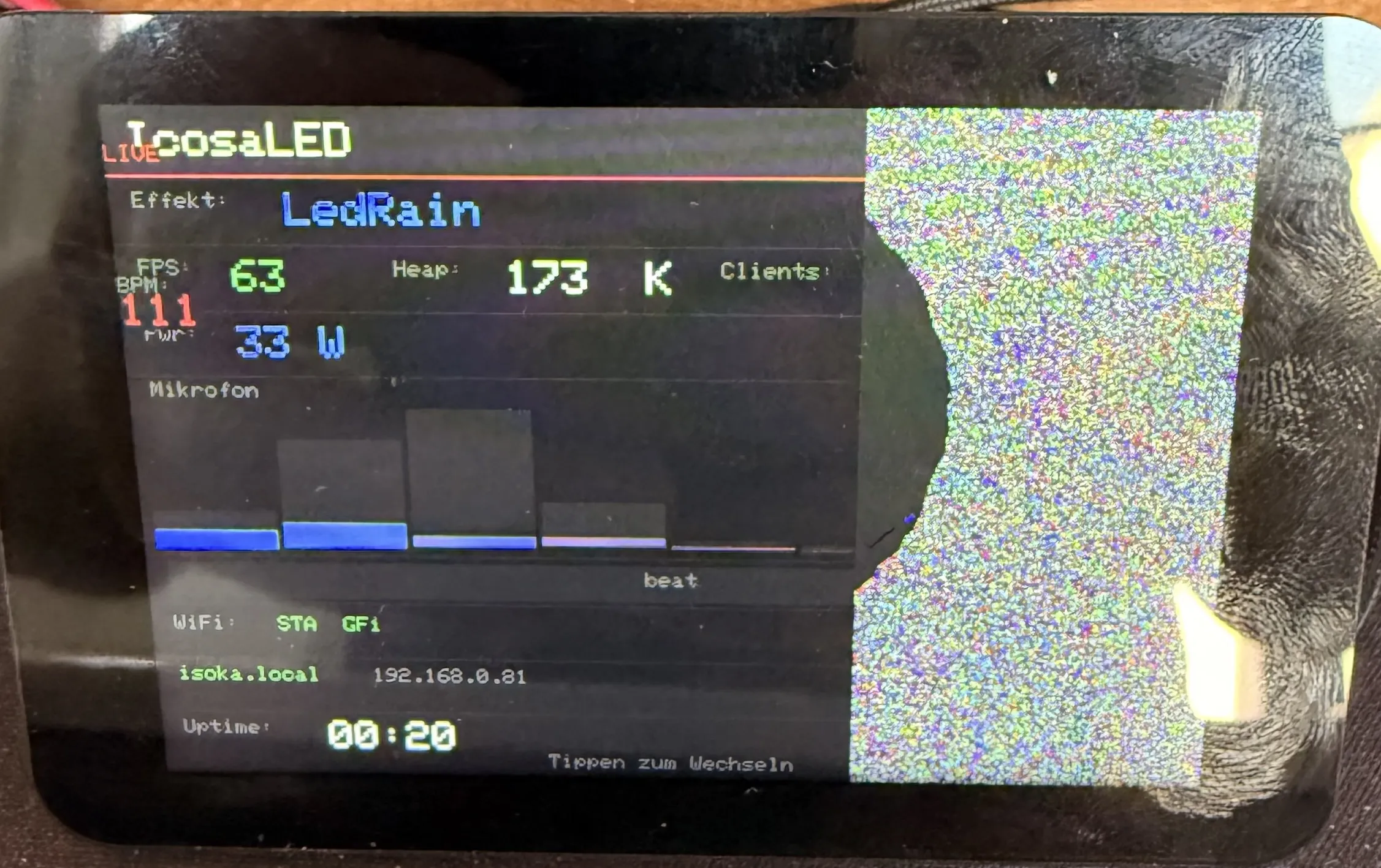 IcosaLED – Display Split-Layout mit LedRain und 3D-Visualizer
